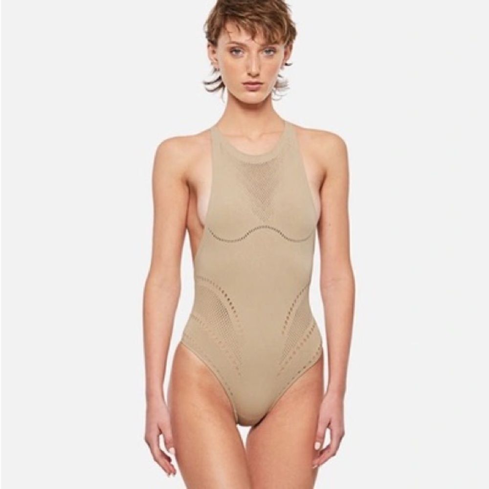 Stella McCartney Stellawear Perforated Taupe High Neck Sleeveless Bodysuit XS/S